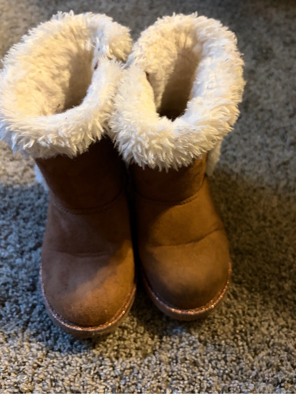 Girls Tan Faux-Suede Winter Boots with Cream Faux-Fur Cuff